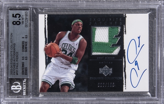 2003-04 UD "Exquisite Collection" Patches Autographs #PP Paul Pierce Signed Game Used Patch Card (#098/100) – BGS NM-MT+ 8.5/BGS 10